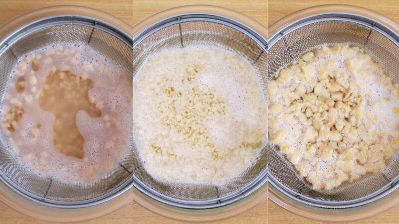 標準、細挽き、粗挽きのミンチ風大豆ミートを熱湯で戻す