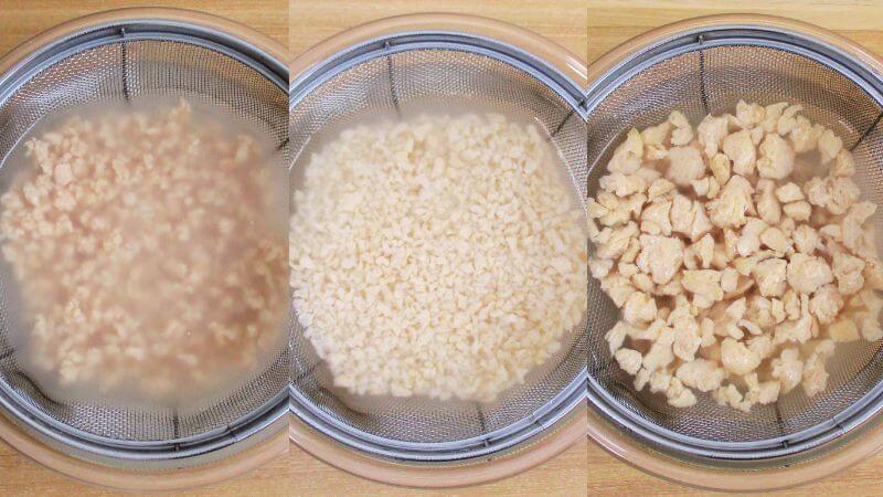 標準、細挽き、粗挽きの大豆ミートをゆすり洗いする（１回目）