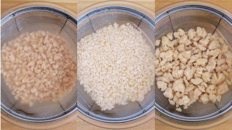 標準、細挽き、粗挽きの大豆ミートをゆすり洗いする（２回目）