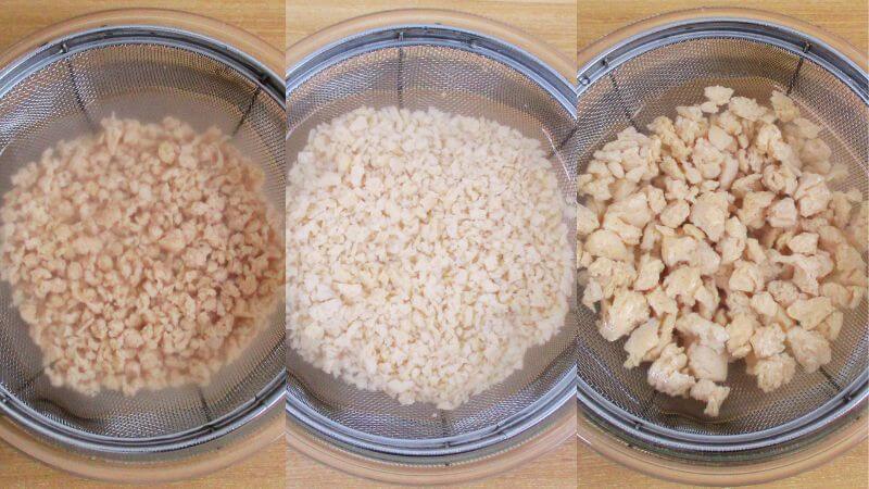 標準、細挽き、粗挽きの大豆ミートをゆすり洗いする（３回目）