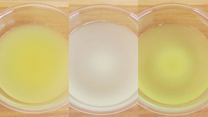 標準、細挽き、粗挽きのミンチ風大豆ミートの戻し汁