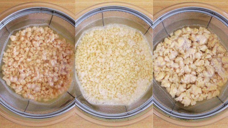 標準、細挽き、粗挽きのミンチ風大豆ミートをふやかす