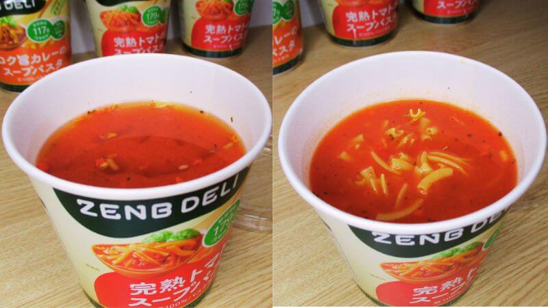 完熟トマトのスープパスタにお湯を足す