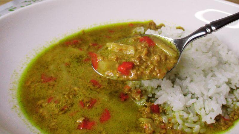 カゴメプラントベース大豆ミートのグリーンカレーをスプーンですくう